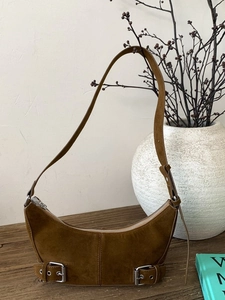 Minimalist Retro PU Suede Texture Half Moon Hobo Underarm Bag For Women Vintage Metal Buckle Shoulder Crossbody Bag