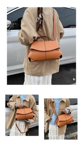Three-way view of a caramel leather geometric tote bag worn as handbag and crossbody