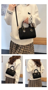 Multiple views of a black suede Boston bag showing handle details and adjustable shoulder strap