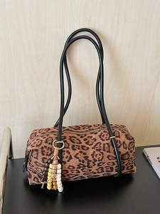 Retro Leopard Print Cylinder Underarm Bag For Women PU Suede Commuter Shoulder Bag With Beaded Pendant Fashion Handbag