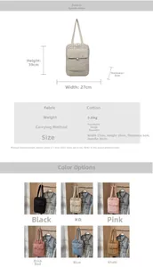 Quilted fabric laptop tote bag showing dimensions and six available color options
