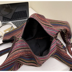 Detailed view of the bohemian woven bag interior showing spacious lining and zipper