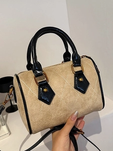 Vintage Suede Rhombic Quilted Boston Bag Women Elegant Crossbody Handbag With Detachable Strap Urban Minimalist Daily Purse