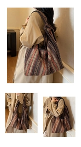 Detail of bohemian ethnic woven tote bag featuring vintage stripes and knot strap