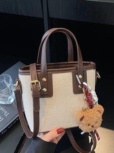 Women Fashion Canvas Patchwork Bucket Bag Retro Rivet Handbag Small Crossbody Shoulder Bag With Bear Pendant Casual Tote Bag