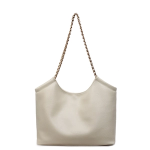Minimalist beige PU leather large tote bag with elegant gold chain shoulder strap