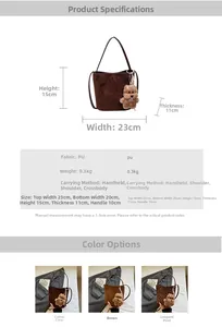 Détails du sac seau en suédine avec charm ours et dimensions pour porté croisé