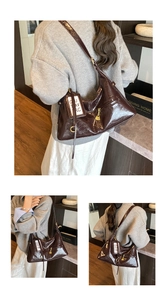 Detail of dark brown glossy patent leather hobo bag with metal ring and white logo tag