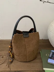 Retro PU Wildleder Stil Beuteltasche Für Damen Mode Leopard Einfarbig Handtasche Mit Holzperlen Quaste Schulter Umhängetasche