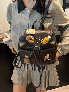 Retro dark brown leopard accent faux leather backpack with cute plush charm decorations