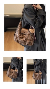 Detailed look at leopard print tote with leather flap and plush bear charm on strap