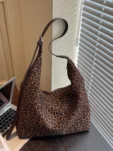 Vintage Leopard Print Large Capacity Tote Bag For Women Faux Suede Hobo Shoulder Bag With Adjustable Strap Fashion Underarm Bag
