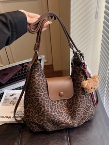 Retro leopard print tote bag with brown leather trim and cute bear charm for women