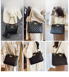 Classic black quilted crossbody bag with golden chain strap shown in various poses