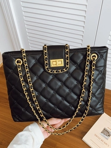 Women Black Quilted Tote Bag Rhombus Pattern Gold Chain Strap PU Leather Shoulder Crossbody Bag Fashion Commuting Handbag