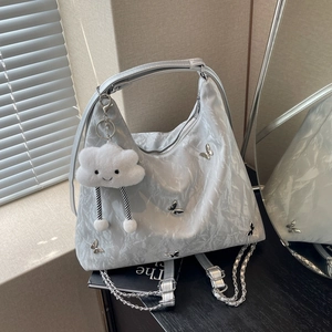Women Large Capacity Pleated Tote Bag With Butterfly Decor Trendy Hobo Shoulder Bag And Plush Cloud Pendant Crossbody Purse