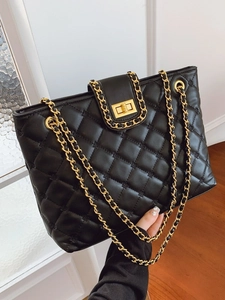 Classic black quilted tote bag with golden chain strap and rhombus pattern design