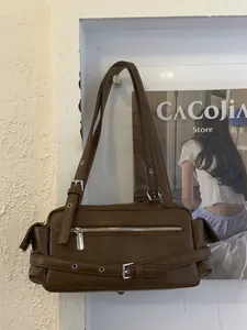 Retro brown PU leather shoulder bag with silver hardware and adjustable strap for women
