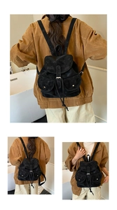 Detailed views of a black velvet retro backpack featuring drawstring and buckle closure
