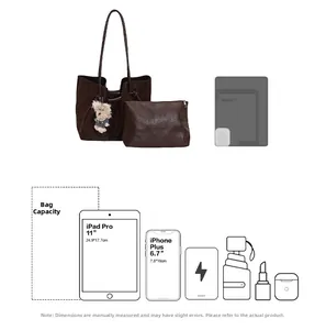 Brown suede tote bag capacity view showing iPad, phone, and daily essentials with bear charm
