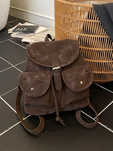 Vintage PU Frosted Leather Backpack For Women Large Capacity Collegiate Style Double Pocket Travel School Bag Retro Backpack