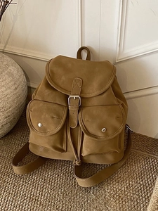 Minimalist large capacity camel backpack with vintage straps and double front pockets