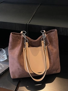 Brown large suede tote bag with leather chain straps for women daily commuting