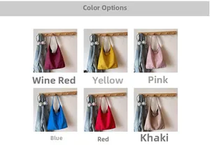 Detailed grid showing six versatile tote bags in burgundy, yellow, pink, blue, red, and khaki