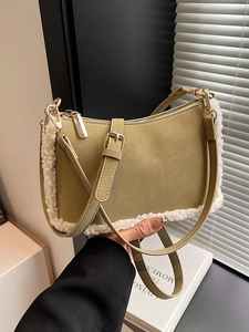 Olive green underarm bag with white faux fur trim and adjustable strap for women