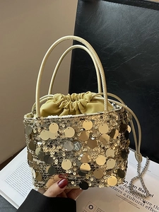 Sac bandoulière chic à paillettes dorées avec chaîne et doublure jaune à cordon