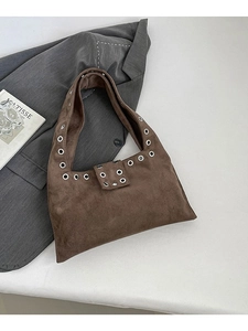 Vintage Suede Underarm Bag With Metal Grommets Moto Style Large Capacity Solid Color Shoulder Bag For Women Daily Match