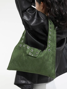 Green suede leather hobo bag with silver grommet rivets and punk vintage style