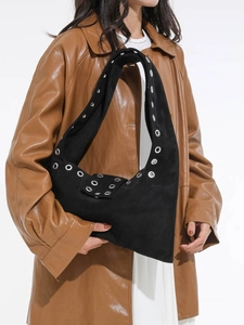 Vintage black oil wax leather motorcycle bag with silver rivet eyelets for women