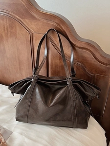 Vintage dark brown large capacity faux leather tote bag with adjustable straps