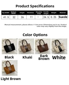 Detailed size chart and color options for large faux suede vintage tote bag
