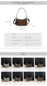 Size chart for leopard print PU leather shoulder bag showing dimensions and specifications