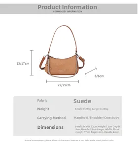 Detailed size chart for suede hobo bag with small and large dimension specifications