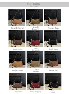 Detailed size comparison of small and large matte shoulder bags in various retro colors
