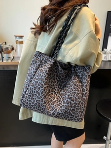 Large leopard print suede tote bag with black braided handles for women fashion