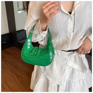 Close-up of green croc-embossed hobo bag with silver hardware and double zippers