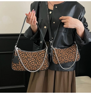 Detailed comparison of leopard print hobo bags in large and small sizes with metal chains