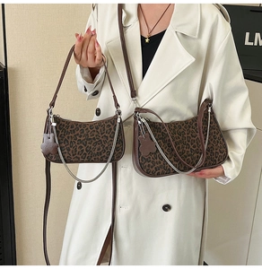 Detailed comparison of two leopard print crescent bags with brown leather trim and chains
