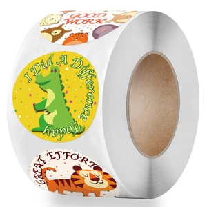 Roll of cartoon animal reward stickers with Good Work and Great Effort labels
