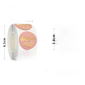3.8cm pink round Thank You labels with gold foil stamping and dimension measurement