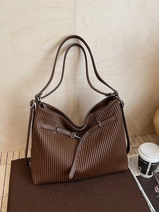Deep brown pleated large tote bag with vintage metal buckle for daily commute