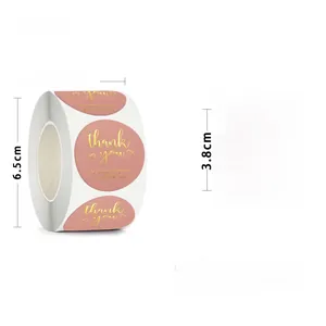 Detail view of 3.8cm pink gold foil thank you stickers with precise size measurements