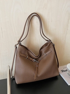 Large dark brown pleated tote bag with silver buckle for office and daily use