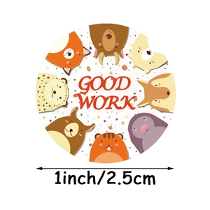 Colorful 1 inch round animal reward stickers with Good Work text for children
