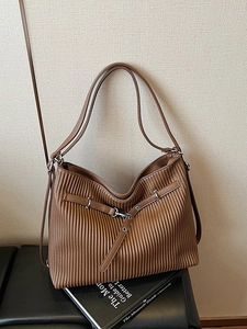 Brown pleated large capacity tote bag for women with decorative metal buckle strap