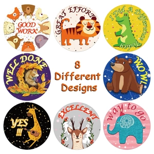 Roll of animal reward stickers for kids featuring 8 cute cartoon designs and praise words
